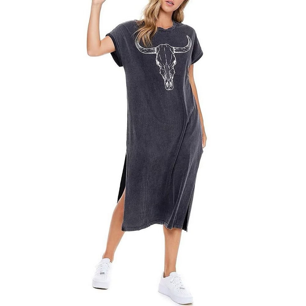 Zutter Long Horn Western Bull Skull T-Shirt Midi Dress Women's S/M
